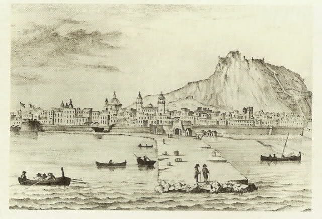 Vista de Alicante y Castillo de Santa Bárbara. Grabado s. XVIII
